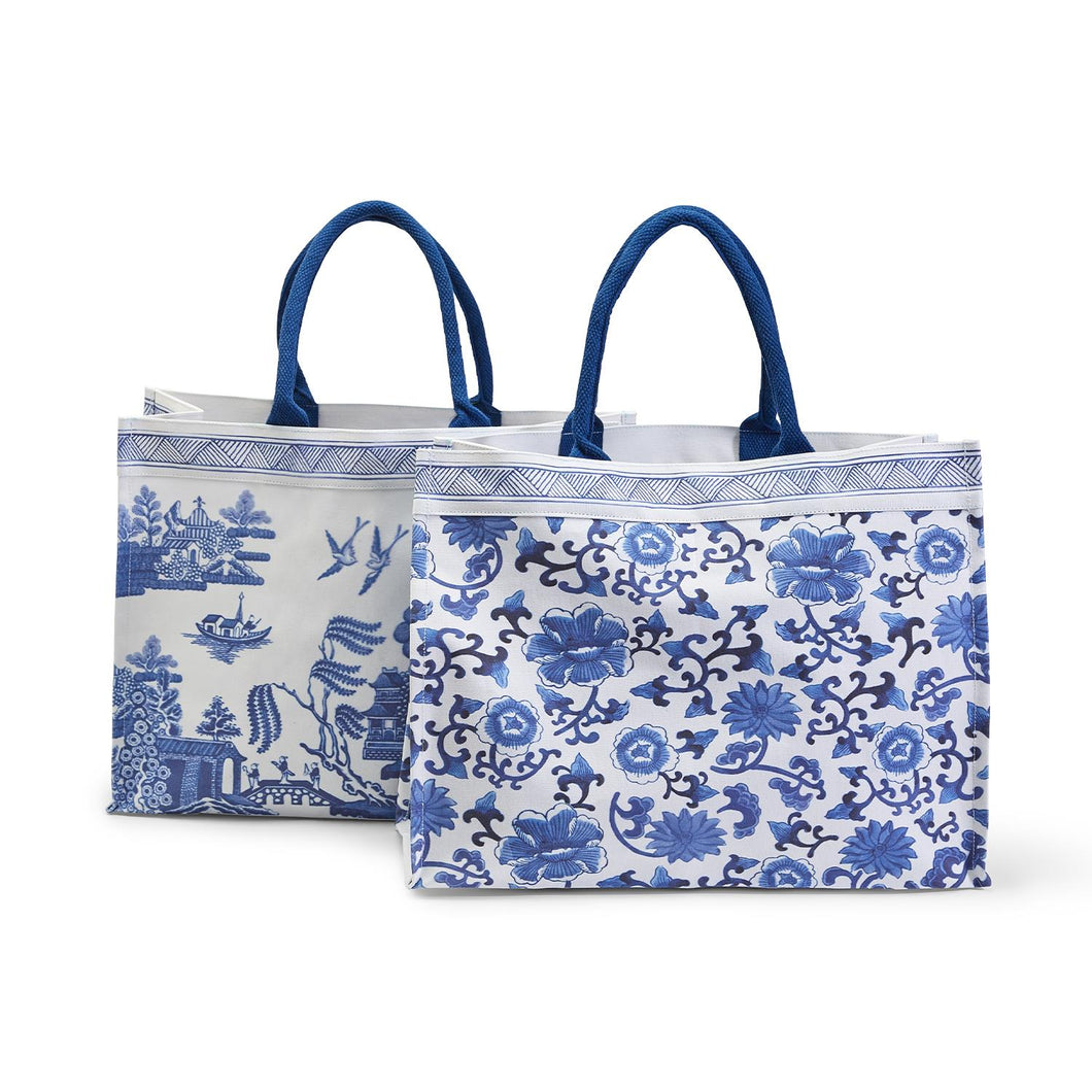 TWO'S COMPANY Chinoiserie Tote Bag with Inside Pocket Assorted 2 Designs: Blue Floral and Blue Willow - Cotton Canvas