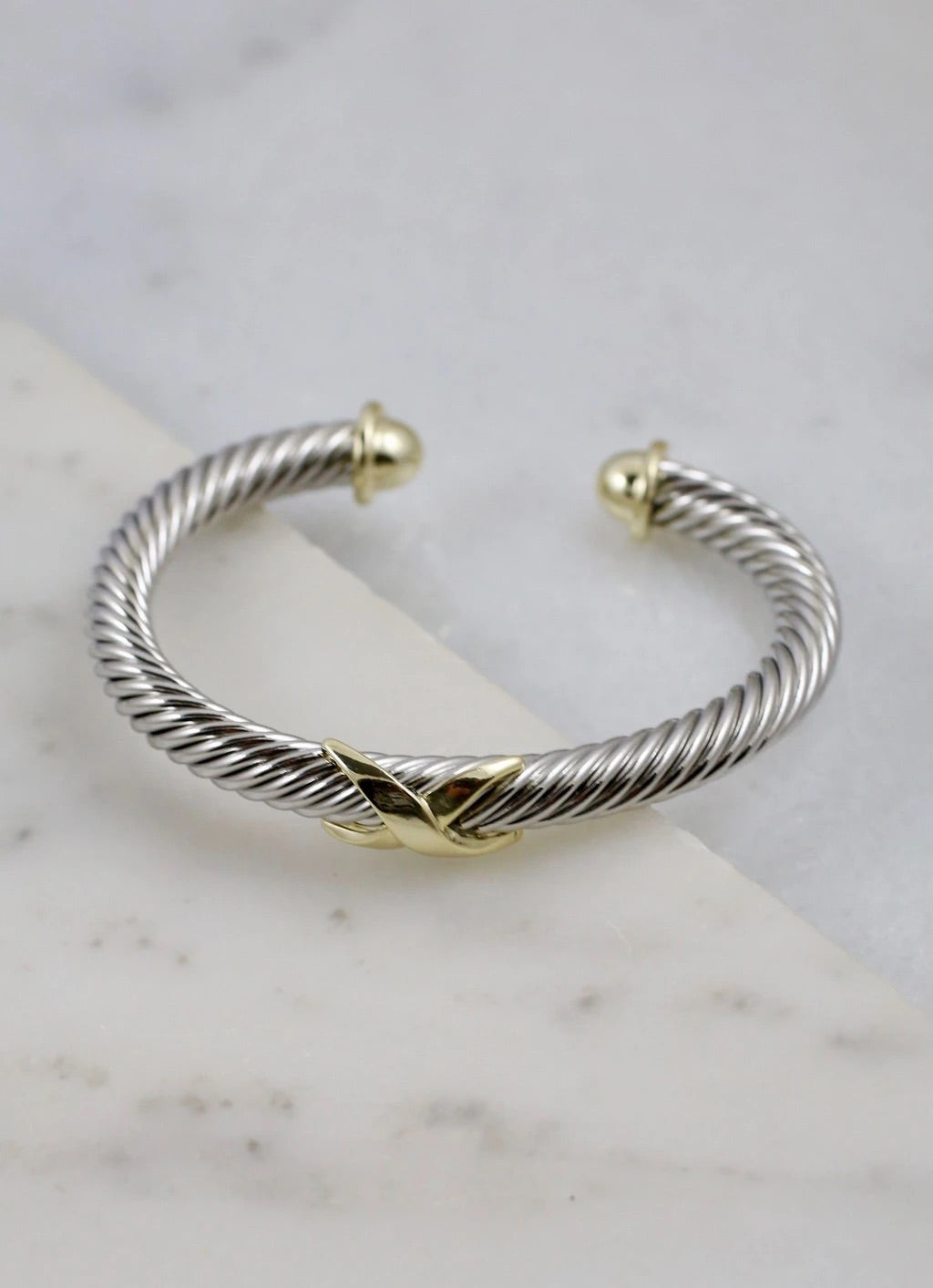 Knoxy Two Tone Cable Bracelet With X Accent Silver