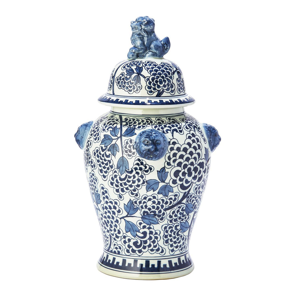 Twos Company Blue and White Peony Flower Covered Temple Jar with Lion Accents
