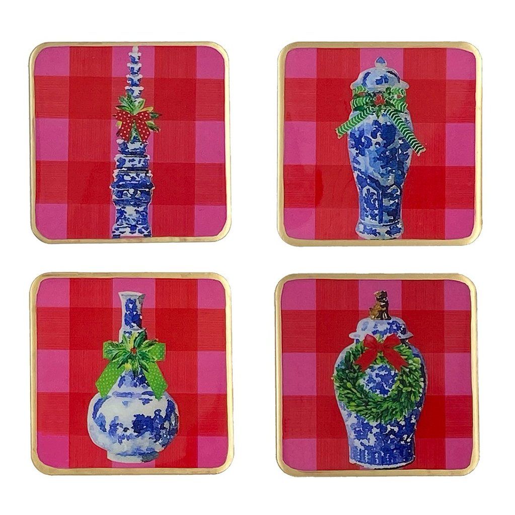 Jayes Studio Buffalo check Christmas Ginger Jar Enameled Coasters