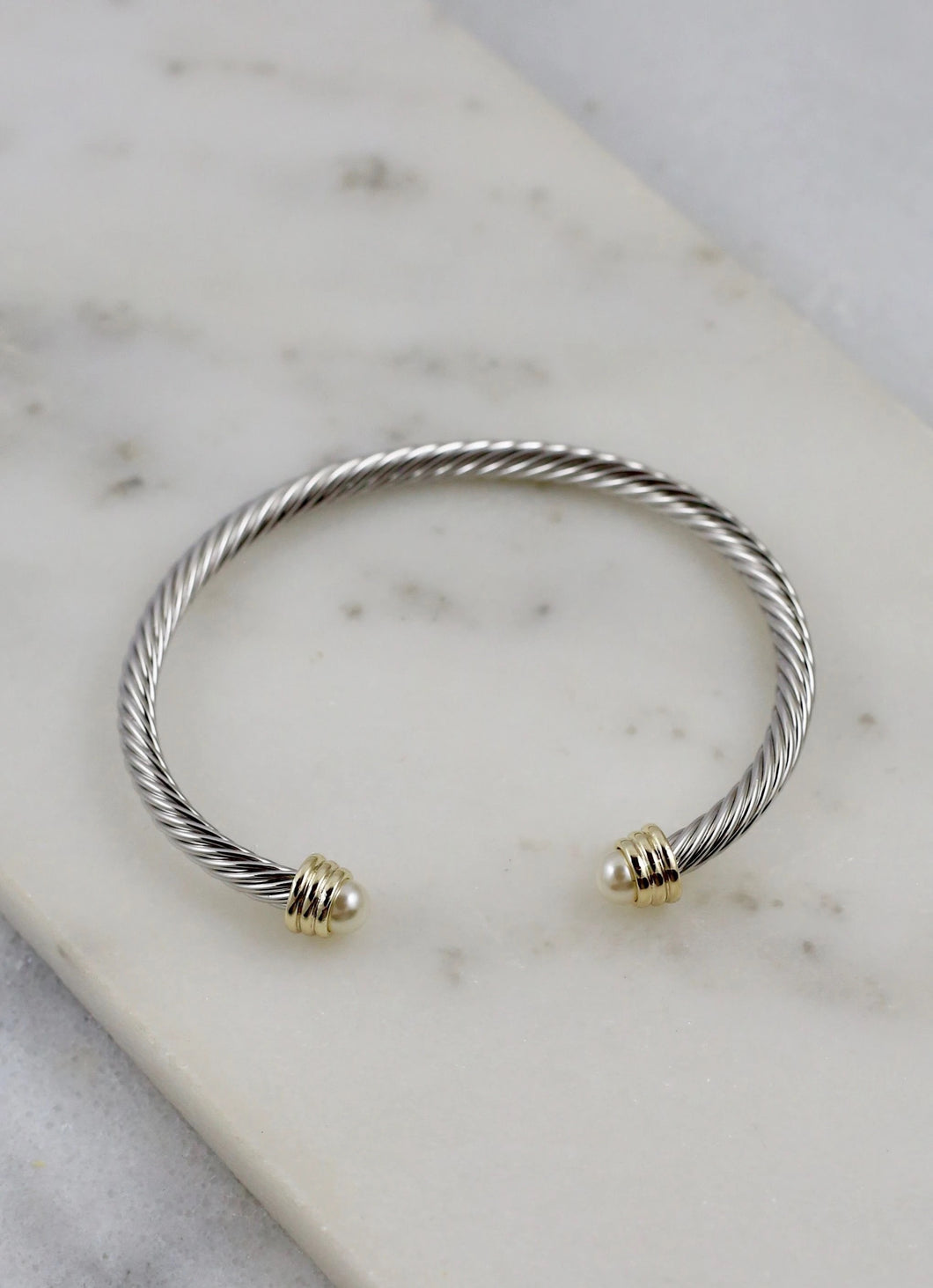 David Yurman Inspired Cable Bracelet with Stone Ends Pearl