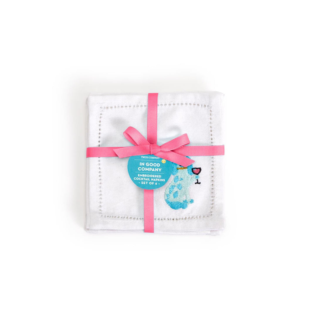 PARTY ANIMALS SET OF 6 EMBROIDERED HEMSTITCH COCKTAIL NAPKINS