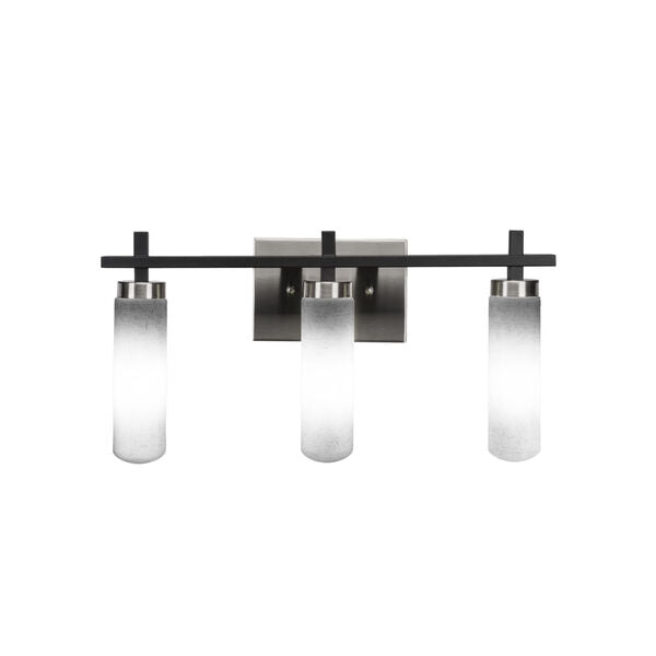 Matte Black and Brushed Nickel Three-Light Bath Vanity with Clear Bubble Glass